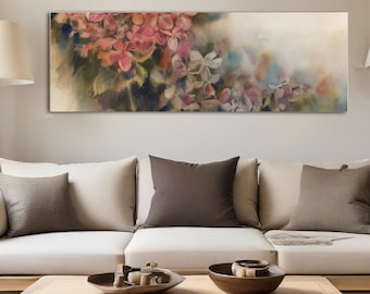 Pink Hydrangea Panoramic Canvas Art Print, Florals Painting Wall Art, Above Bed Decor, Watercolor Print