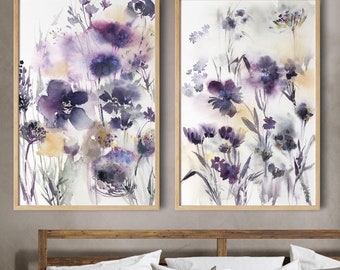 Purple Florals Set of 2 Canvas Prints, Purple Flowers Art Prints,  Botanical Watercolor Painting, Bedroom Wall Decor, Boho Wall Art Prints