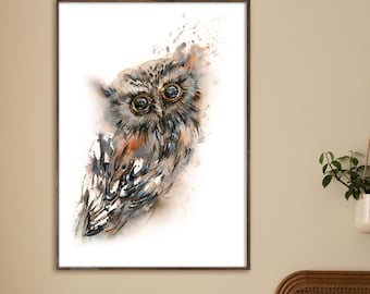 Owl Canvas Art Print, Bird Watercolor Print, Brown Owl Painting, Woodland Wall Decor on Canvas
