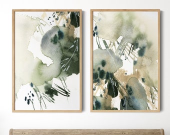 Abstract Canvas Art Prints 2 Pieces Set, Pale Green Tan Abstract Paintings, Abstract Art Prints, Abstract Watercolor, 2 Prints Wall Decor