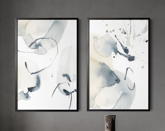 Abstract Neutral Painting 2 Canvas Prints Set, Large Wall Prints, Set of 2 Prints on Canvas, Modern Grayish Tan Abstract Wall Office Decor