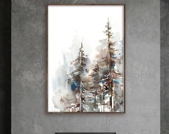 Forest Canvas Art Print, Grey Pine Trees Painting, Landscape Watercolor Print, Woodland Wall Decor