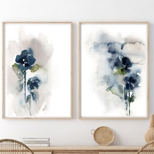Abstract Blue Florals 2 Canvas Art Prints, Blue Wall Art, Floral Abstract Painting, Large Wall Prints 2 Pieces Set, Blue Wall Decor Prints