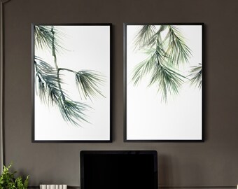 Pine Tree Branches Set of 2 Canvas Prints, Greenery Nature Wall Art, Botanical Minimalist Watercolor Painting Art