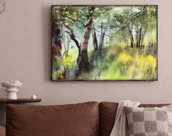 Summer Forest Landscape Canvas Print, Nature Painting, Watercolor Print, Horizontal Wall Decor, Trees Woodland Wall Print