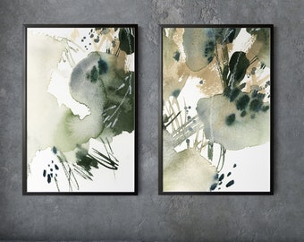 Abstract Canvas 2 Art Prints Set, Muted Green Abstract Paintings, Abstract Art Prints, Abstract Watercolor, 2 Pieces Bedroom Wall Decor