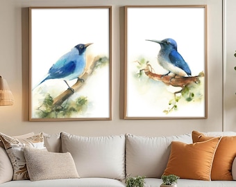 Tropical Birds 2 Canvas Wall Prints, Bird Painting, Watercolor Prints, Blue Green Wall Decor Art