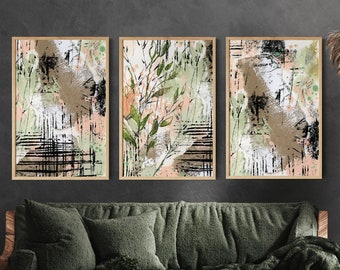 Abstract Gallery Wall, Set of 3 Canvas Prints, Neutral Tones Textured Art, Bohemian Wall Decor, Botanical Art Print, Multi Panel Art