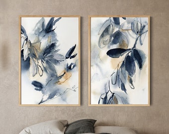 Abstract Blue Botanical Prints Set of 2 Canvas Prints Wall Decor, Abstract Leaves Painting, Watercolor Prints, Blue Bedroom Wall Art Prints