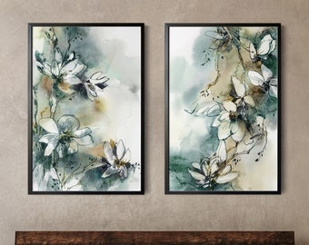 Abstract Botanical Canvas Prints Set of 2 Pieces Wall Decor, Teal and Beige Florals Watercolor Painting, Botanical Art, Bedroom Wall Prints