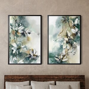 Abstract Botanical Canvas Prints Set of 2 Pieces Wall Decor, Teal and Beige Florals Watercolor Painting, Botanical Art, Bedroom Wall Prints