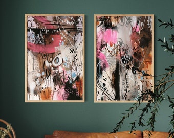 Abstract Painting in Black Pink and Burnt Orange 2 Wall Art Prints on Canvas, Large Sizes and Framed Options, Abstract Wall Decor Prints Set