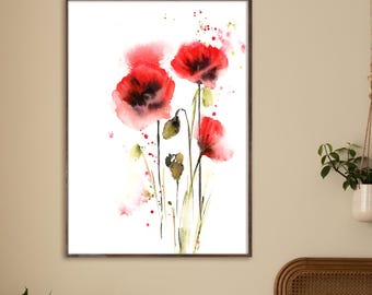 Poppy Flowers Canvas Fine Art Print, Floral Watercolor Print, Botanical Poppies Painting Wall Decor