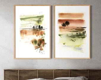 Abstract Landscape 2 Canvas Prints Set, Green Brown Nature Watercolor Prints, Abstract Nature Painting Art