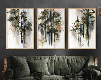 Forest Wall Decor, Set of 3 Canvas Prints, Pine Trees Paintings, Landscape Watercolor, Woodland Wall Art, Trees Nature 3 Pieces Wall Decor