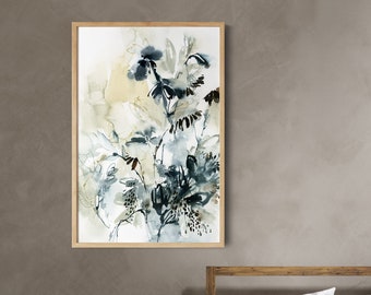 Abstract Botanical Canvas Art Print in Teal Colors for Wall Decor, Florals Leaves Watercolor Print