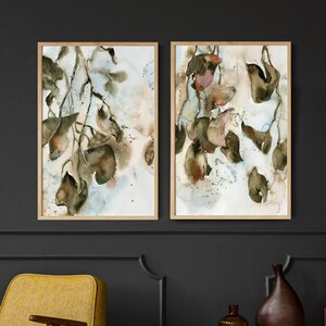 Leaves Painting, Autumn Watercolor Print, Set of 2 Prints, Abstract Canvas Art, Large Botanical Wall Art, Nature Home Decor, Autumnal Leaf