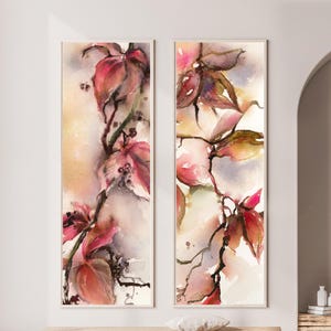 Stairwell Abstract Leaves Canvas Prints 2 Pieces Set, Narrow Wall Decor, Botanical Paintings, Stairwell Wall Print, Extra Long Art Prints