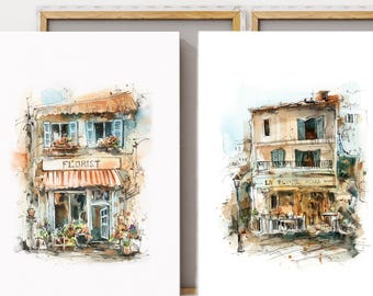 European Houses 2 Canvas Art Prints, Architecture Watercolor Prints, Travel Painting Wall Decor