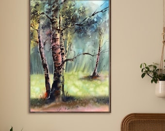 Birch Trees Canvas Print, Forest Painting, Woodland Decor, Birch Forest Watercolor Print