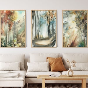 Autumn Forest Prints, Abstract Tree Paintings, Set of 3 Canvas Art Prints, Gallery Wall Set, 3 Panels Wall Decor, Enchanted Forest Decor