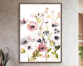 Pastel Pink Colors Florals Canvas Art Print, Abstract Flowers Botanical Watercolor Painting