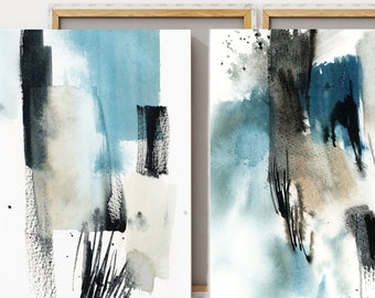 Abstract Canvas Art Prints: Turquoise Teal Grey Watercolor Painting 2 Pieces Set