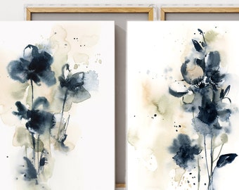Blue Abstract Flowers 2 Canvas Prints Set, Watercolor Prints, Botanical Painting Art
