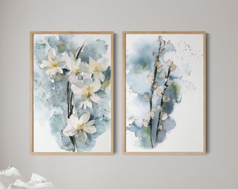 Daffodils Florals Set of 2 Canvas Prints, Spring Easter Watercolor Prints, Botanical Painting Wall Decor