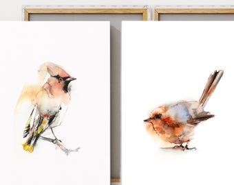 Waxwing and Robin Birds 2 Canvas Prints 2 Set, Bird Painting Art, 2 Watercolor Prints on Canvas