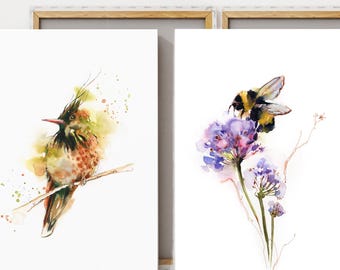Canvas Prints 2 Set Hummingbird and Bumble Bee Paintings, Watercolor Prints on Canvas Wall Decor