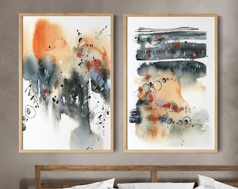 Abstract Wall Art Prints 2 Pieces Set, Grey Orange Abstract Paintings, Abstract Art Prints, Abstract Nature Decor, 2 Canvas Wall Art Prints