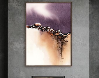 Abstract Desert Landscape Canvas Art Print, Minimalist Nature Painting, Purple Sand Watercolor Print