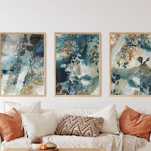 Abstract Teal Canvas Art Prints 3 Pieces Set Wall Decor Abstract Botanical Painting Art
