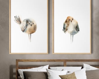 Cute Birdies 2 Canvas Prints Set, Bird Watercolor Prints, Bird Illustration Painting, Neutral Colors Wall Decor
