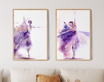 Set of 2 Ballet Prints, Ballerina Paintings, Dancer Wall Art, Canvas Art Prints, Watercolor Painting, Bright Purple Home Decor, Ballet Print