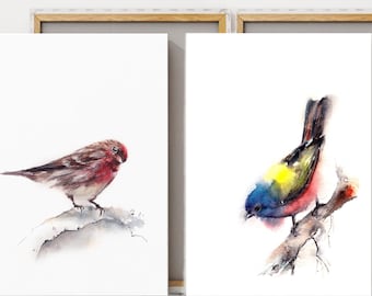 Bird Canvas Fine Art Prints 2 Set, Bird Watercolor Prints, Bird Painting Wall Decor