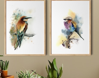 Tropical Birds 2 Canvas Prints Set, Colorful Bird Paintings, Kingfisher and Hummingbird