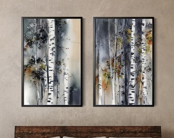 Birch Forest 2 Canvas Panels Wall Art, Trees Painting, Watercolor Prints, Set of 2 Canvas Art Prints, Woodland Wall Decor, Birch Tree Art