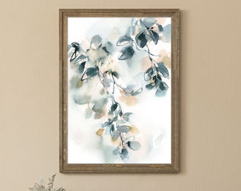 Abstract Botanical Canvas Print, Teal Leaves Watercolor Print, Floral Painting Art
