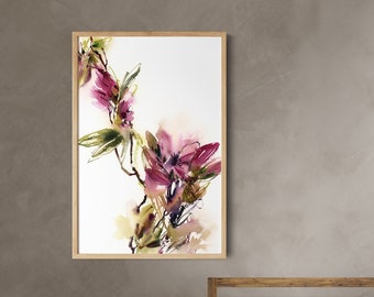 Abstract Pink Florals Canvas Print, Botanical Watercolor Art, Florals Painting, Pink Green Nature Wall Decor, Bedroom Art Print on Canvas