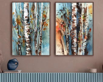 Birch Trees Canvas Art Prints 2 Set, Blue Forest Painting Art, Watercolor Autumnal Woodland Wall Decor