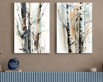 Birch Trees 2 Canvas Art Prints Set, Birch Forest Painting Wall Decor, Watercolor Woodland Wall Prints