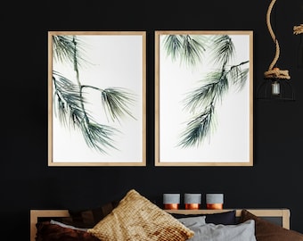 Pine Tree Branches 2 Canvas Prints Set, Minimalist Botanical Watercolor Prints, Pine Painting Wall Decor