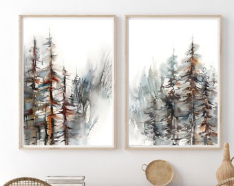 Pine Tree Forest 2 Canvas Art Prints Nature Wall Decor, Abstract Nature Painting, Winter Foggy Forest Canvas Prints Set, Tree Watercolor Art