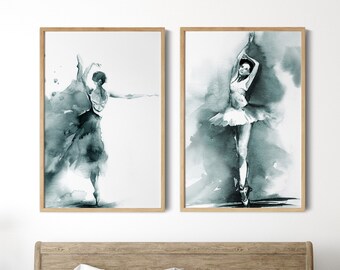 Set of 2 Ballet Canvas Prints, Ballerina Paintings, Dancer Wall Art, Ballet Watercolor Painting, Muted Teal Home Decor, Prints on Canvas