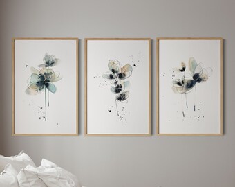 Abstract Grey Pastel 3 Canvas Prints Set, Abstract Botanical Prints, Watercolor Prints on Canvas, Neutral Florals Above Bed Wall Decor Art