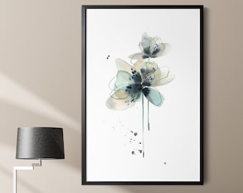 Abstract Flowers Canvas Art Print, Florals Watercolor Painting, Abstract Botanical Wall Decor, Neutral Wall Art, Grey Floral Print on Canvas