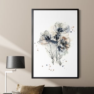 Florals Canvas Art Print, Gray and Beige Abstract Botanical Painting, Watercolor Print, Flowers Wall Art, Neutral Pastel Colors Wall Decor