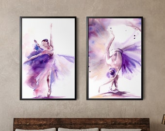 Ballet Canvas Prints 2 Set, Purple Ballerina Paintings, Dancer Watercolor Prints on Canvas Wall Decor
